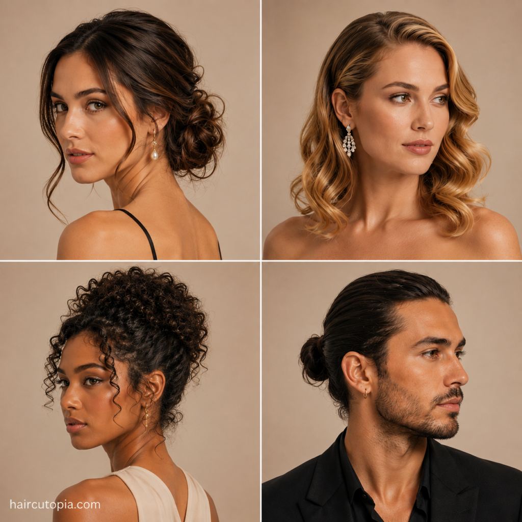 Four medium formal hairstyles featuring a low chignon, Hollywood waves, curly updo, and men’s low bun