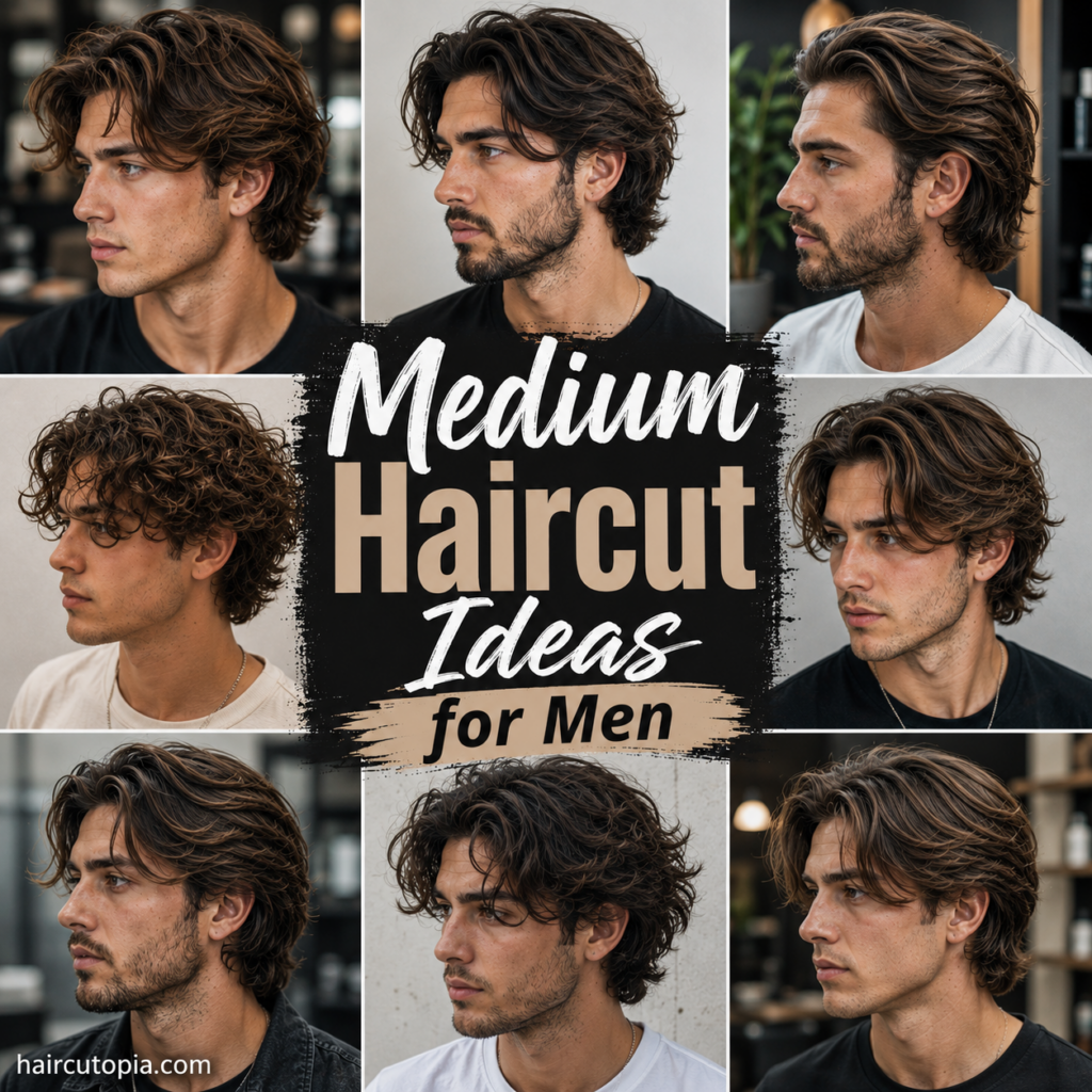 Medium haircut ideas for men featuring layered, swept-back, textured, curly and wavy hairstyles