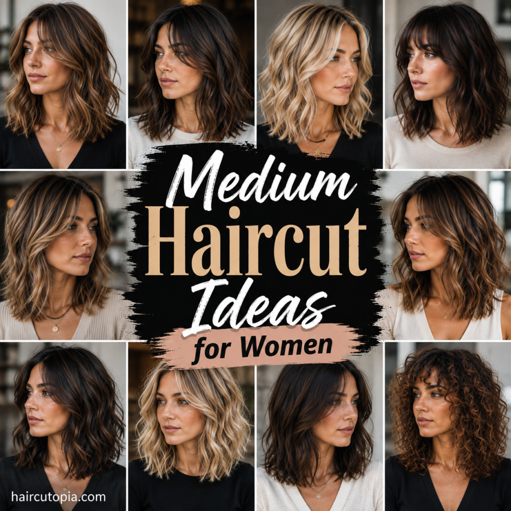 Medium haircut ideas for women featuring layered cuts, lobs, waves, curls and face-framing styles
