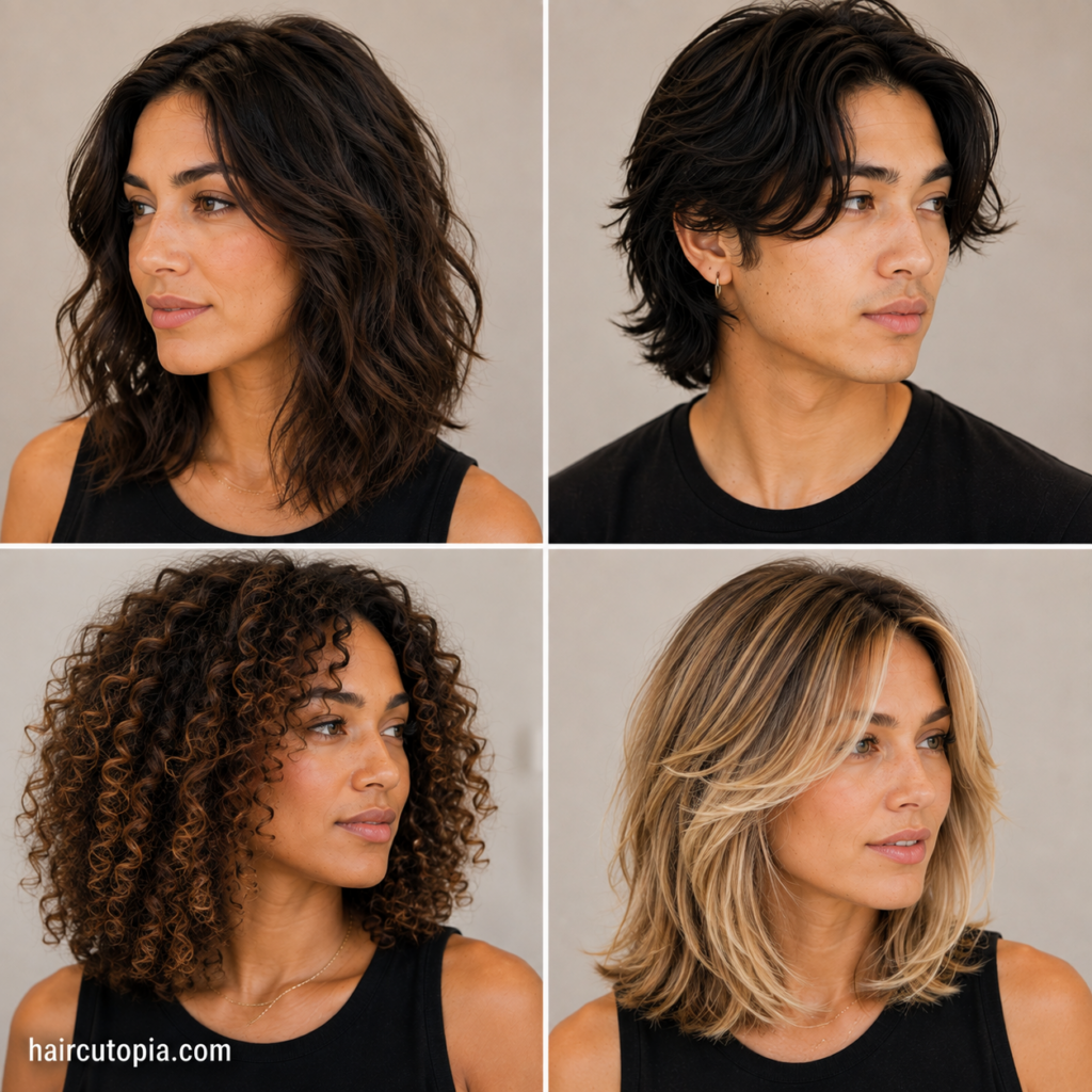 Medium haircuts for coarse hair featuring layered, wavy, curly, and textured styles