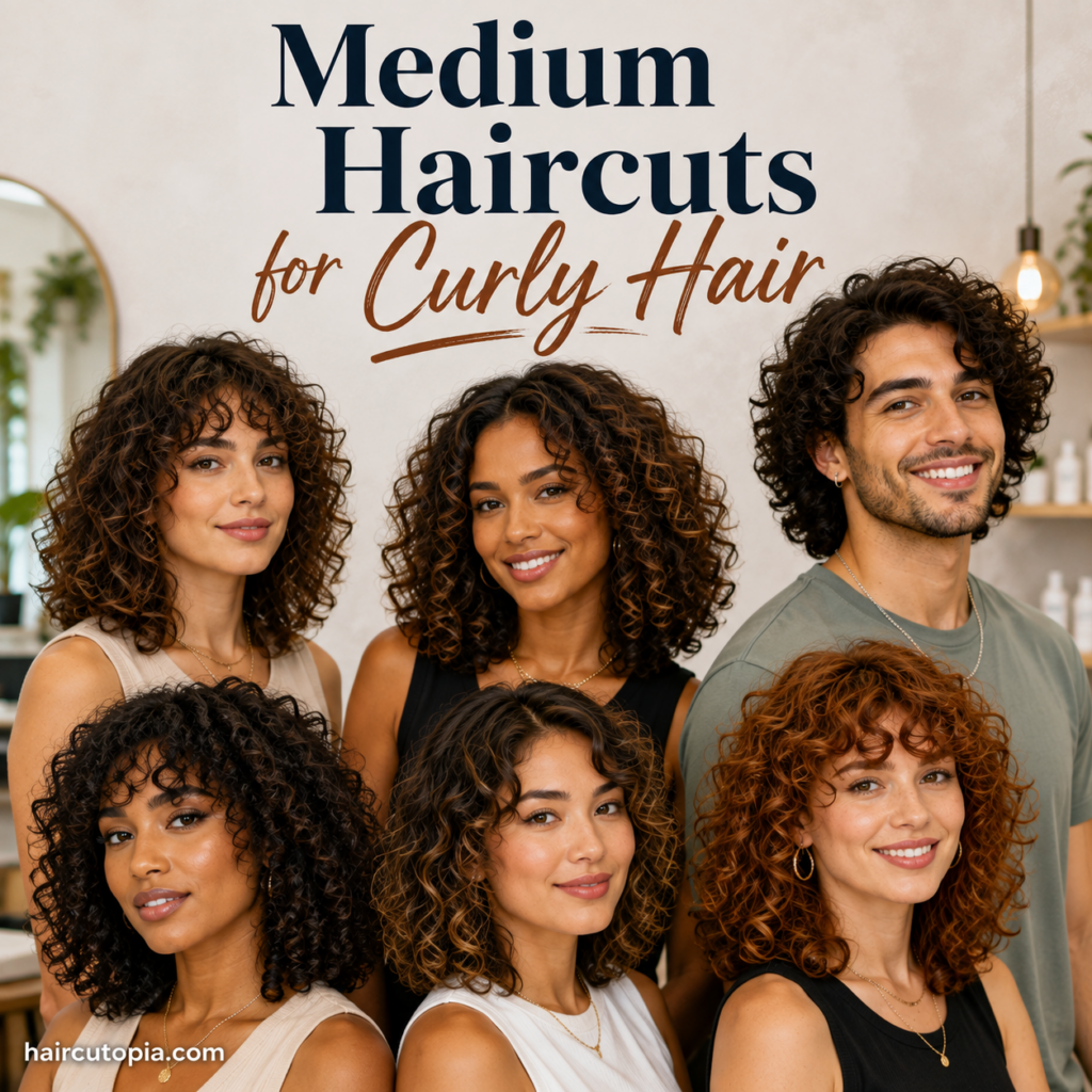 Diverse men and women with medium haircuts for curly hair in a modern salon featuring layered lobs, shoulder-length curls, and textured hairstyles.