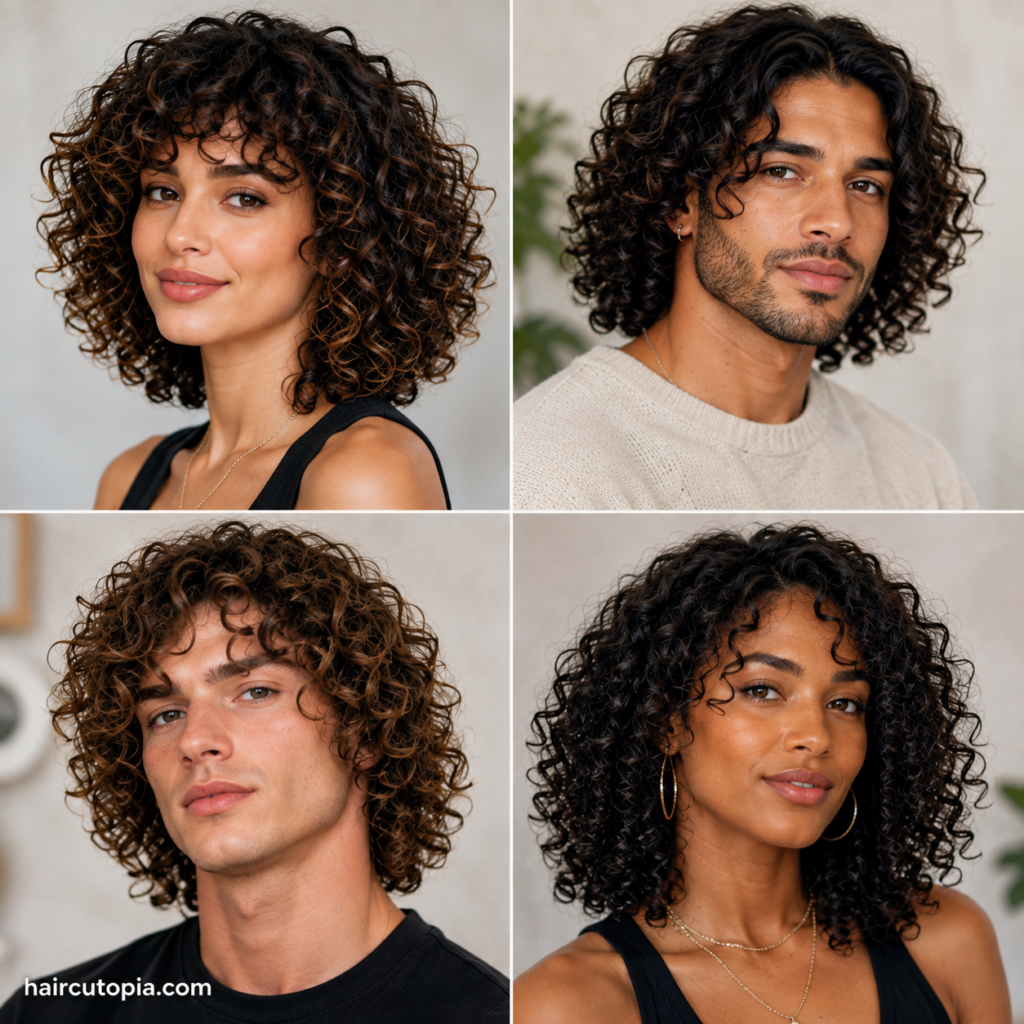 Collage of diverse men and women with medium haircuts for curly hair, featuring layered lobs, shoulder-length curls, and textured natural hairstyles.