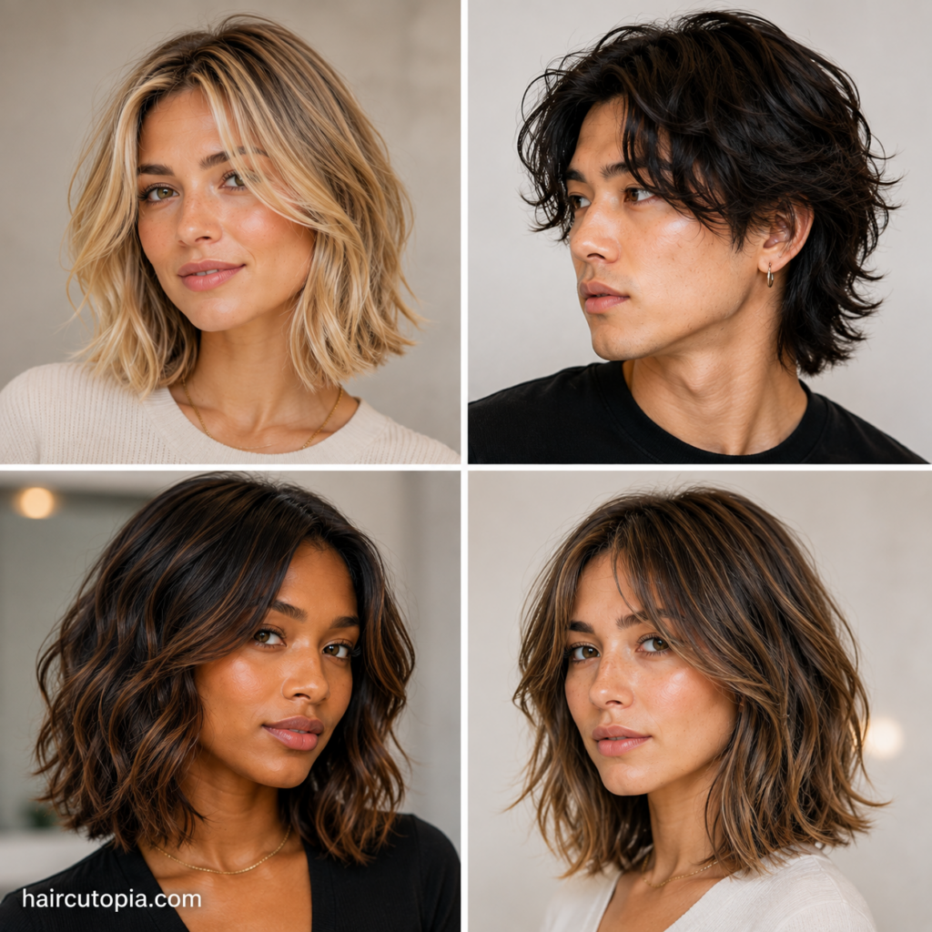 Close-up collage of diverse men and women with medium haircuts for fine hair, featuring layered lobs, shoulder-length styles, and textured cuts that add volume.