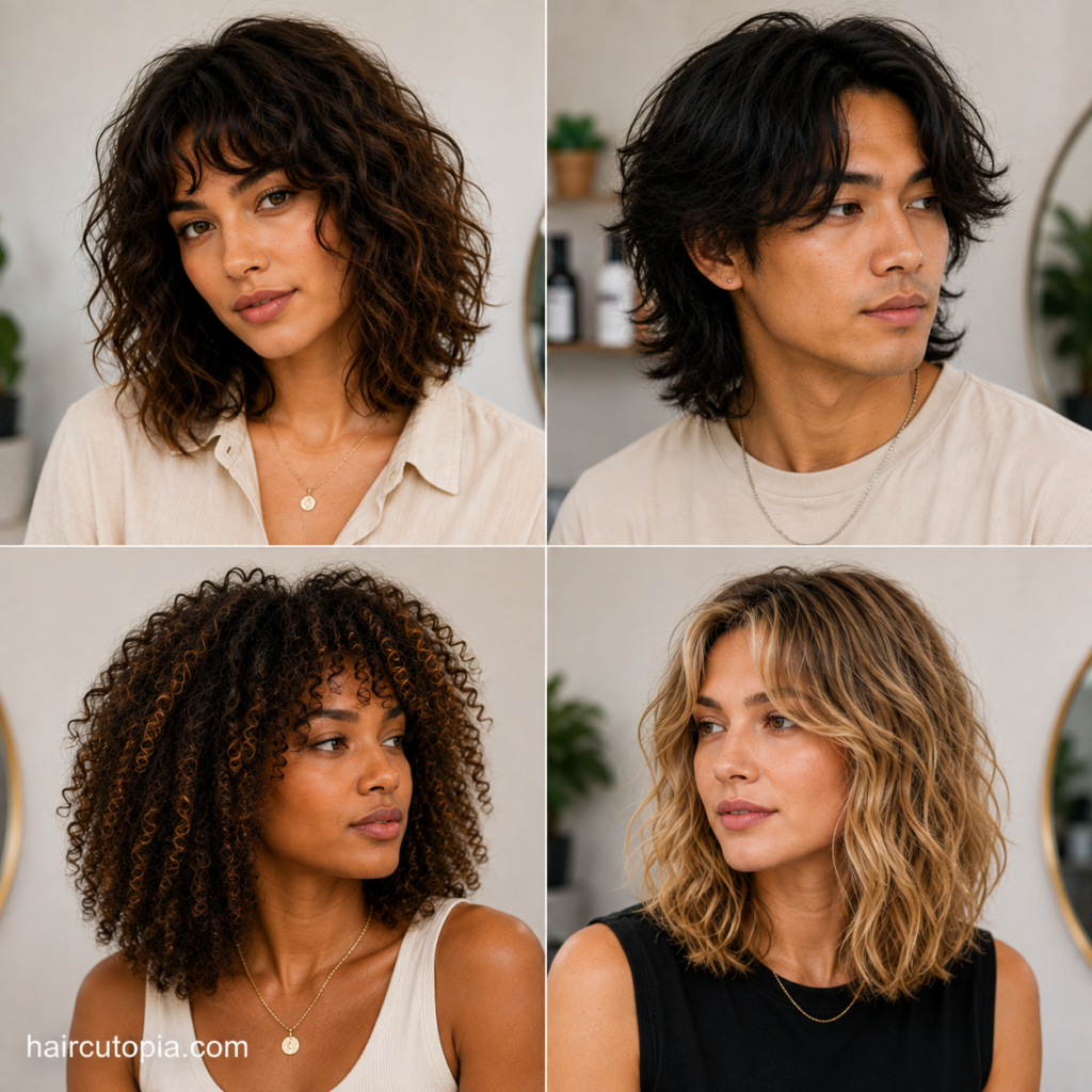 Medium haircuts for frizzy hair featuring wavy, curly, layered, and textured styles for men and women