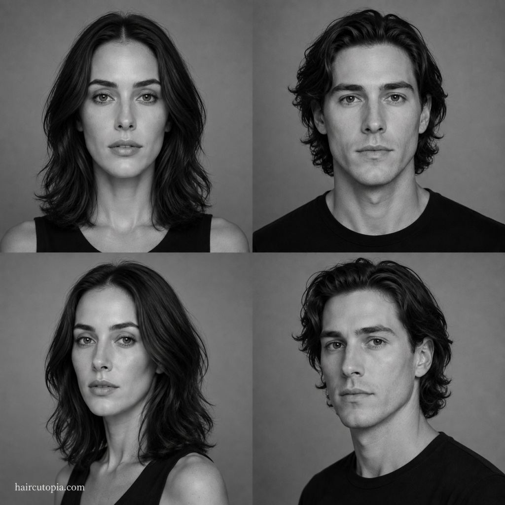 Four-panel black-and-white editorial collage showing feminine-presenting and masculine-presenting adults with long face shapes from front and three-quarter views.