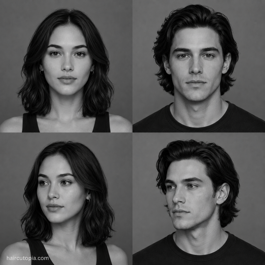 Four-panel black-and-white editorial collage showing feminine-presenting and masculine-presenting adults with oval face shapes from front and three-quarter views and medium-length hairstyles.