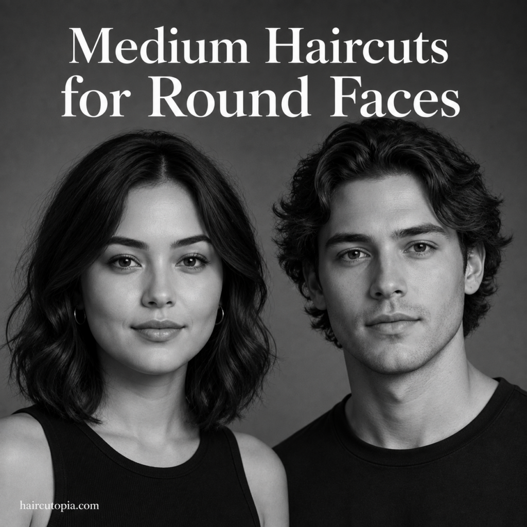 Editorial portrait of feminine-presenting and masculine-presenting adults with round face shapes wearing flattering medium-length hairstyles.