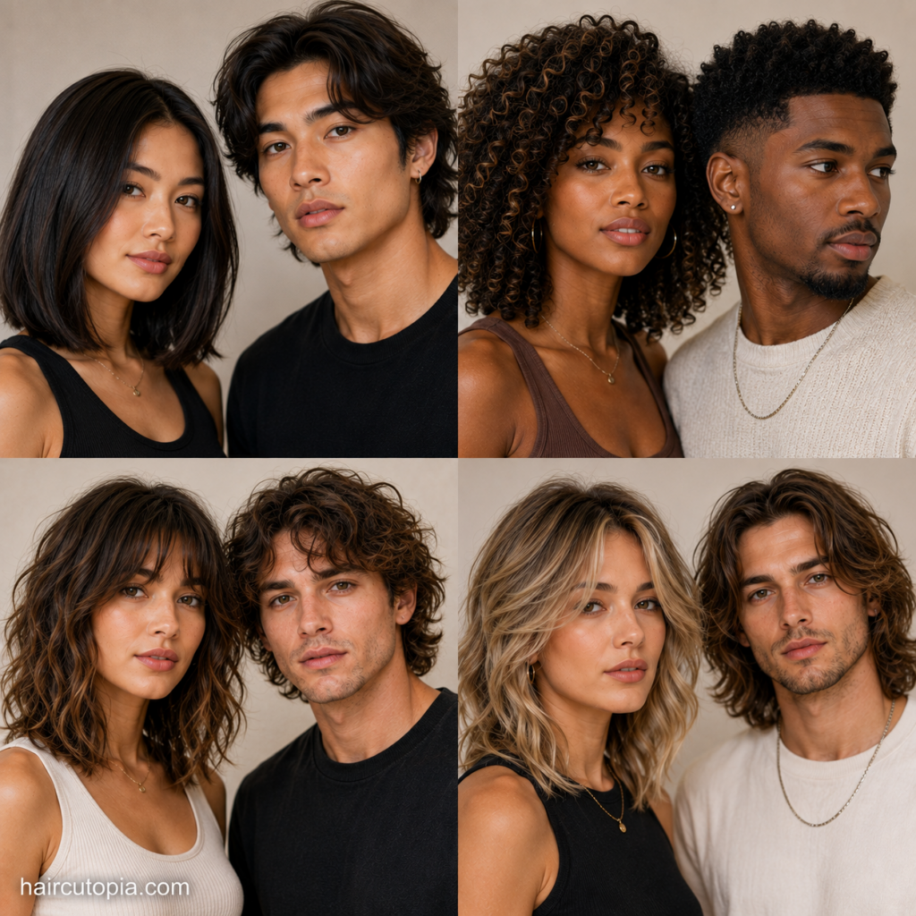 Editorial collage of diverse men and women with medium haircuts for thick hair, featuring layered lobs, shoulder-length cuts, butterfly haircuts, and textured medium hairstyles.