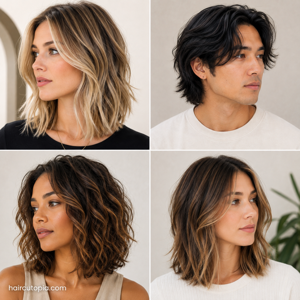 Collage of diverse men and women with layered lobs, shoulder-length hairstyles, and textured medium haircuts for thin hair.
