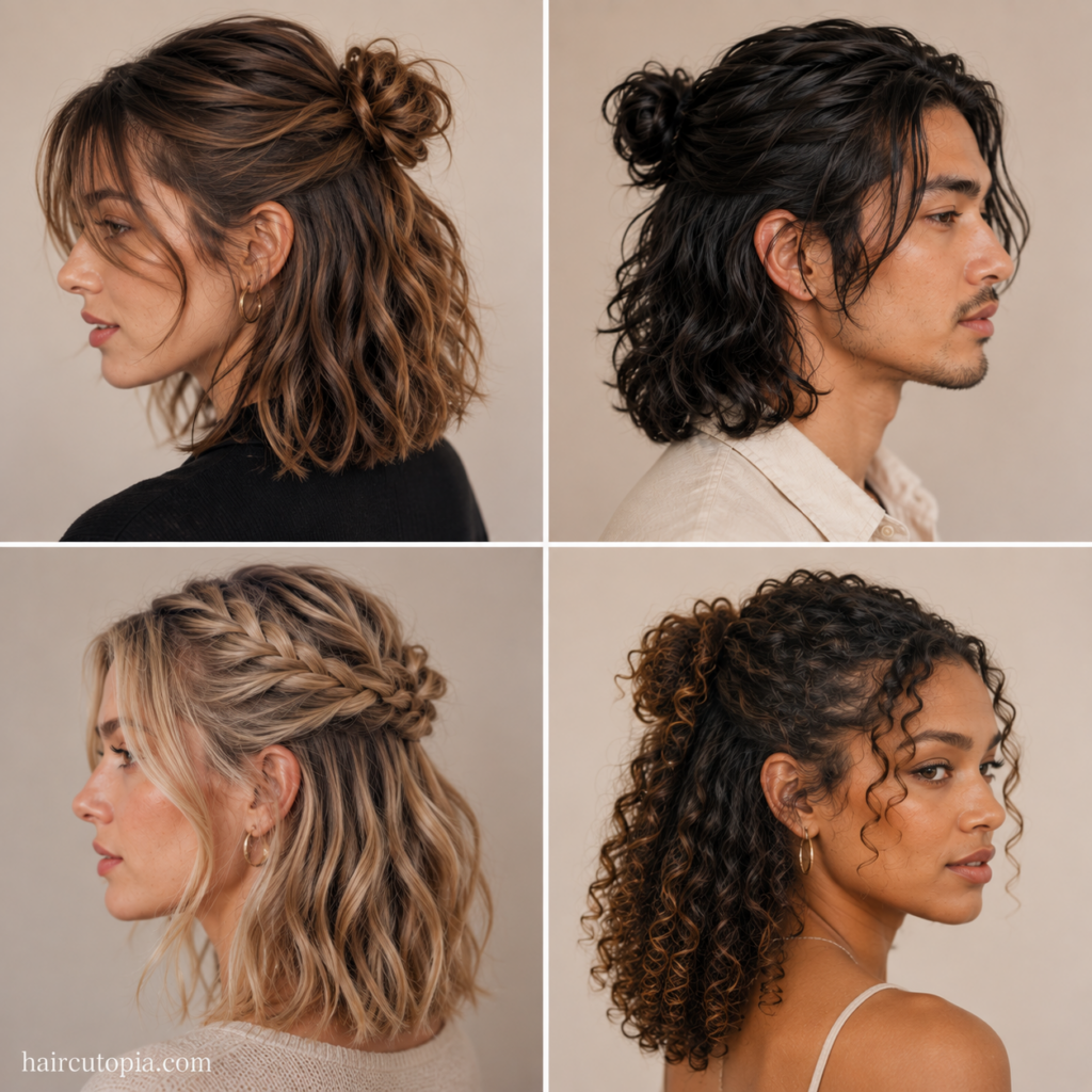 Medium half-up half-down hairstyle ideas with buns, braids, waves, and curls