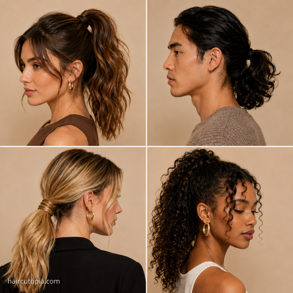 Medium ponytail hairstyles on men and women with wavy, curly, sleek, and textured hair