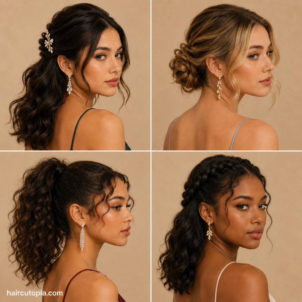 Medium prom hairstyles featuring a half-up style, low bun, curly ponytail, and braided waves