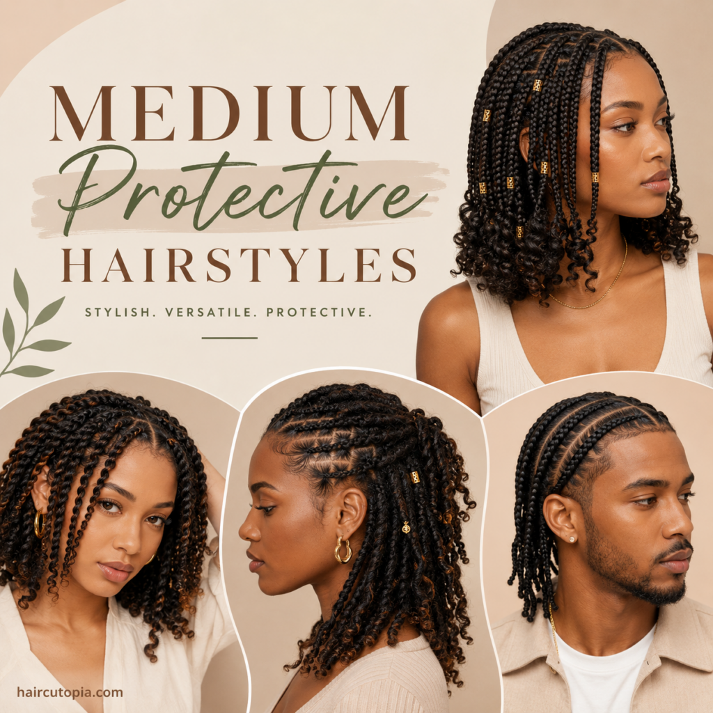 Medium protective hairstyles featuring braids, twists, cornrows, and shoulder-length protective styles