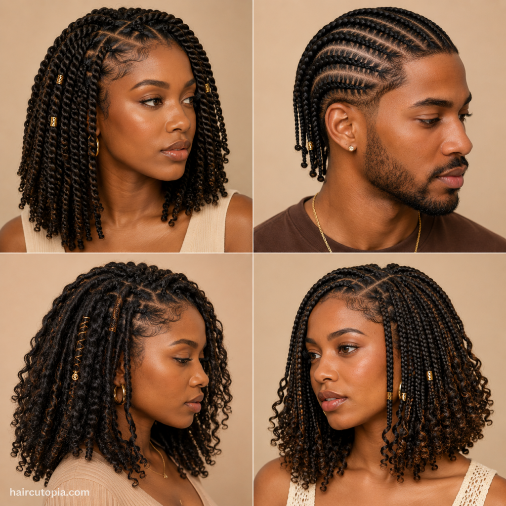 Medium protective hairstyles featuring twists, cornrows, braids, and textured loc styles for men and women