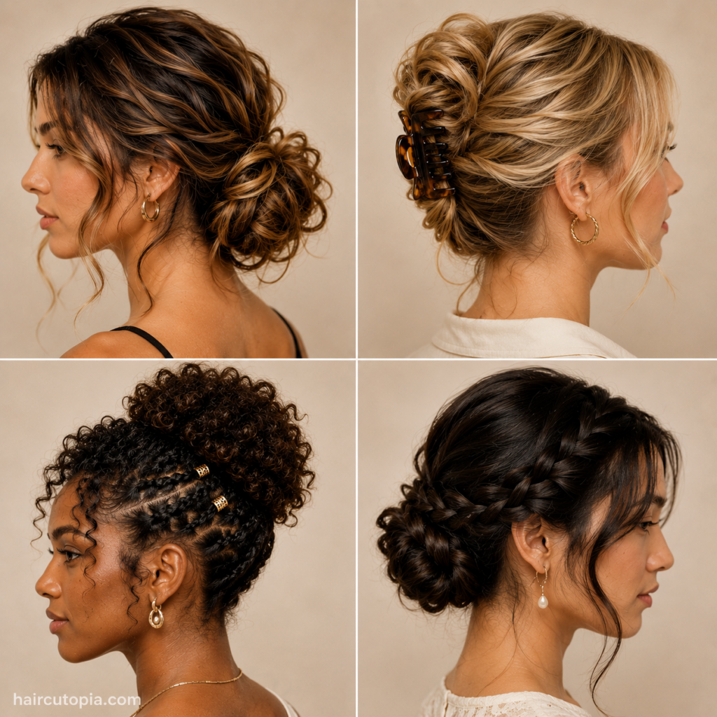Medium updo hairstyles featuring buns, braids, curls, and claw clip styles
