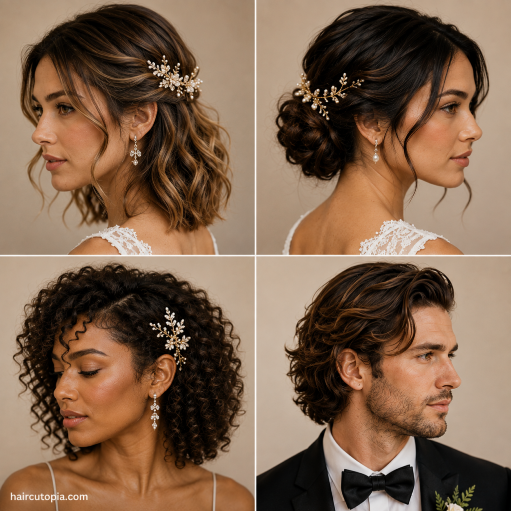 Medium wedding hairstyles for men and women featuring half-up waves, a low updo, natural curls, and swept-back hair