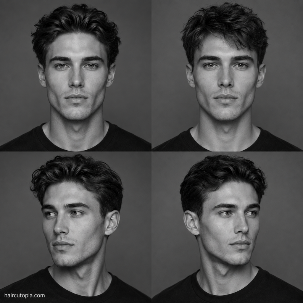 Four black-and-white portraits of a man with a heart-shaped face shown from front and three-quarter angles.