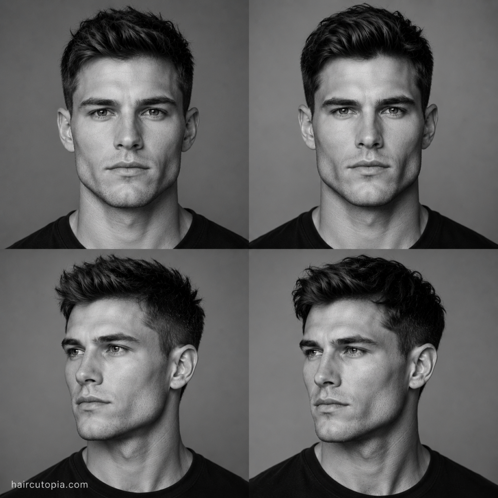 Four-panel black-and-white editorial collage of a man with a square face shape shown from front and three-quarter views.