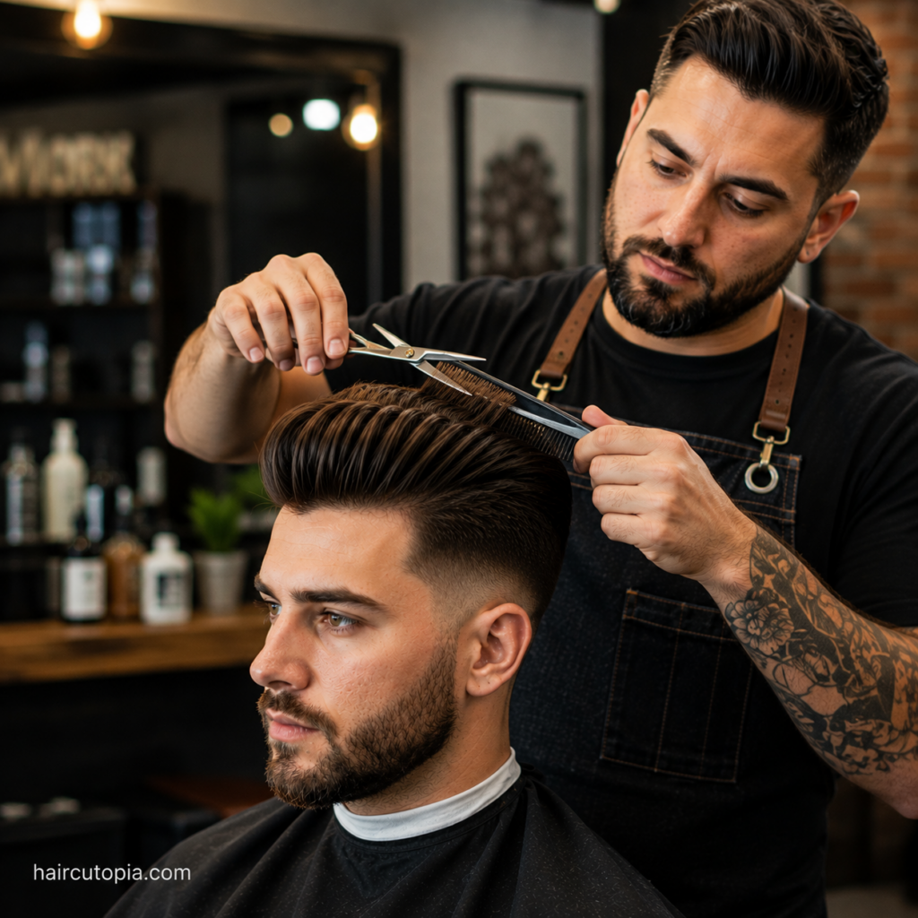 Barber trimming a pompadour with scissors and a comb