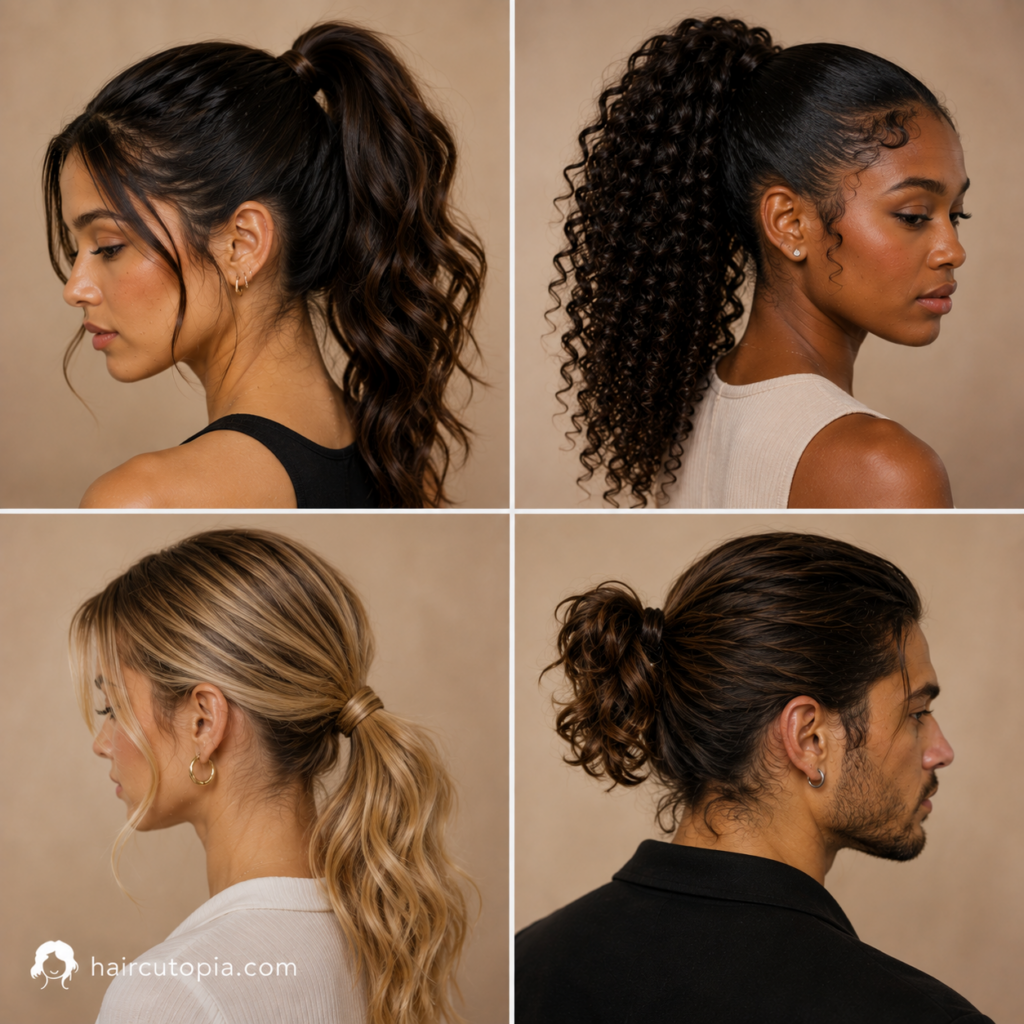 Ponytail hairstyle ideas featuring high wavy, curly, low ponytail, and men's tied-back styles