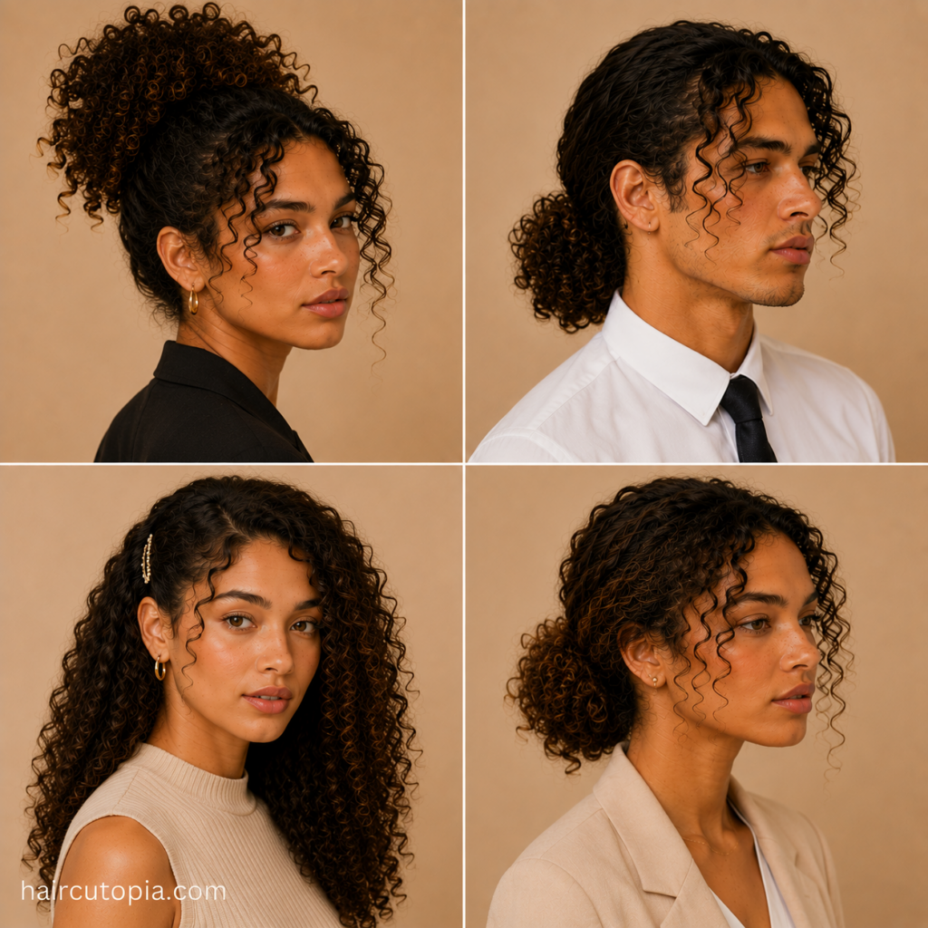 Men and women showcasing professional curly hairstyles for work including natural curls, ponytails, and low updos