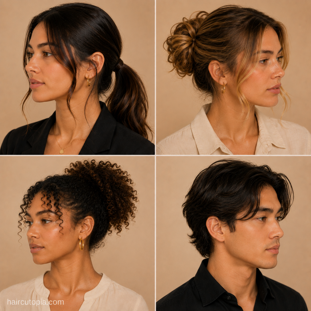 Four professional hairstyles for work featuring a low ponytail, soft bun, curly high ponytail, and short wavy hairstyle