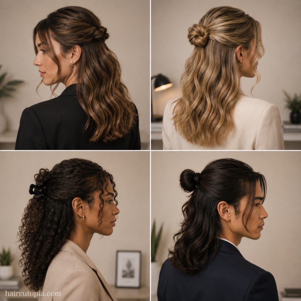 Professional half-up half-down hairstyles for work with twists, buns, curls, and claw clips