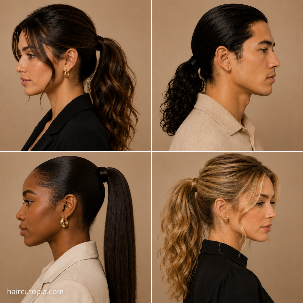 Professional ponytail hairstyles for work featuring wavy, curly, sleek straight, and polished ponytail styles