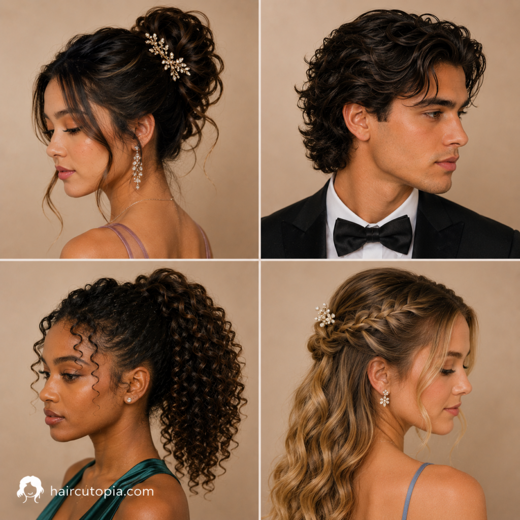 Prom hairstyle ideas featuring a formal updo, men's wavy hair, curly ponytail, and braided half-up waves