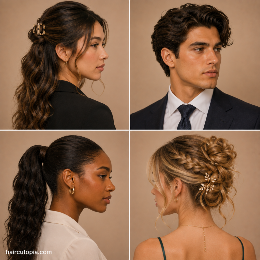 Prom hairstyles for work featuring half-up waves, men's formal hair, a sleek ponytail, and braided updo