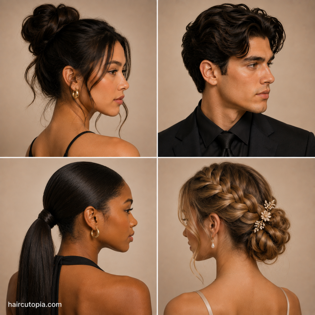 Prom hairstyles for special events featuring a high bun, men's formal hairstyle, sleek ponytail, and braided low bun