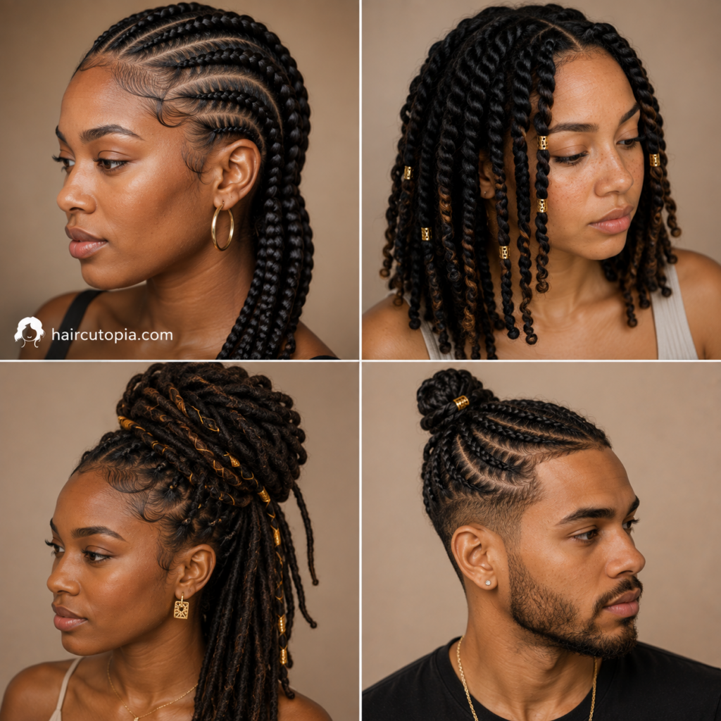 Protective hairstyle ideas featuring cornrows, twists, locs, braided updos, and men's braids