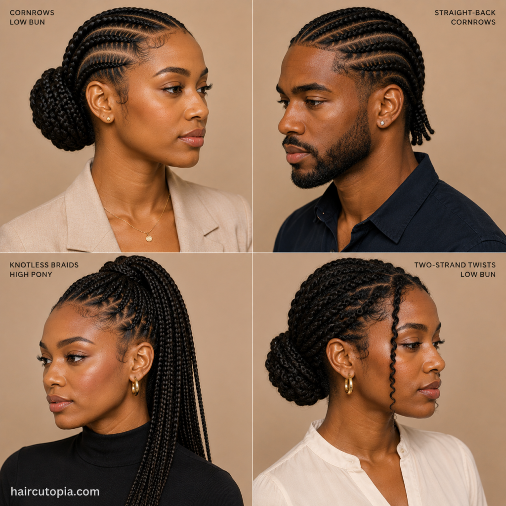 Protective hairstyles for work featuring cornrows, a low braided bun, knotless braids, and two-strand twists for men and women