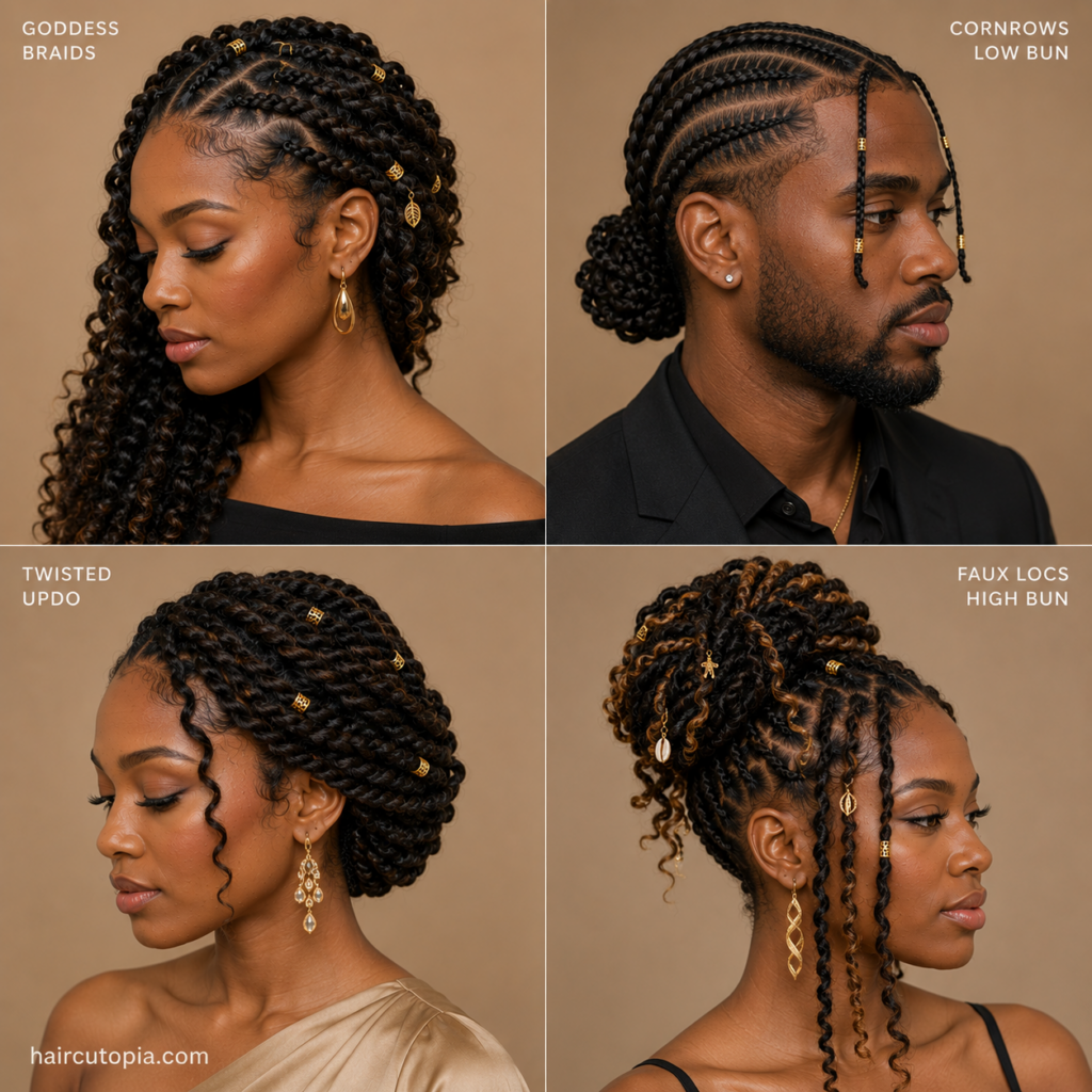 Protective hairstyles for special events featuring goddess braids, cornrows, a twisted updo, and faux locs styled for formal occasions