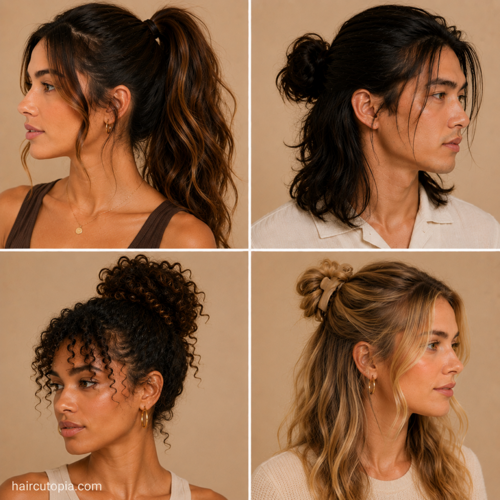 Four quick 5-minute hairstyles featuring a high ponytail, messy bun, curly updo, and half-up claw clip style