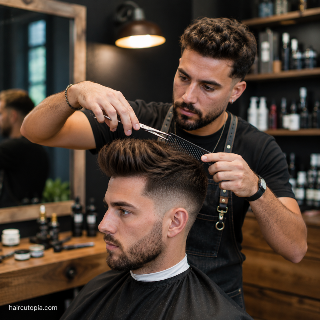 Barber trimming a quiff with scissors and a comb to maintain its shape