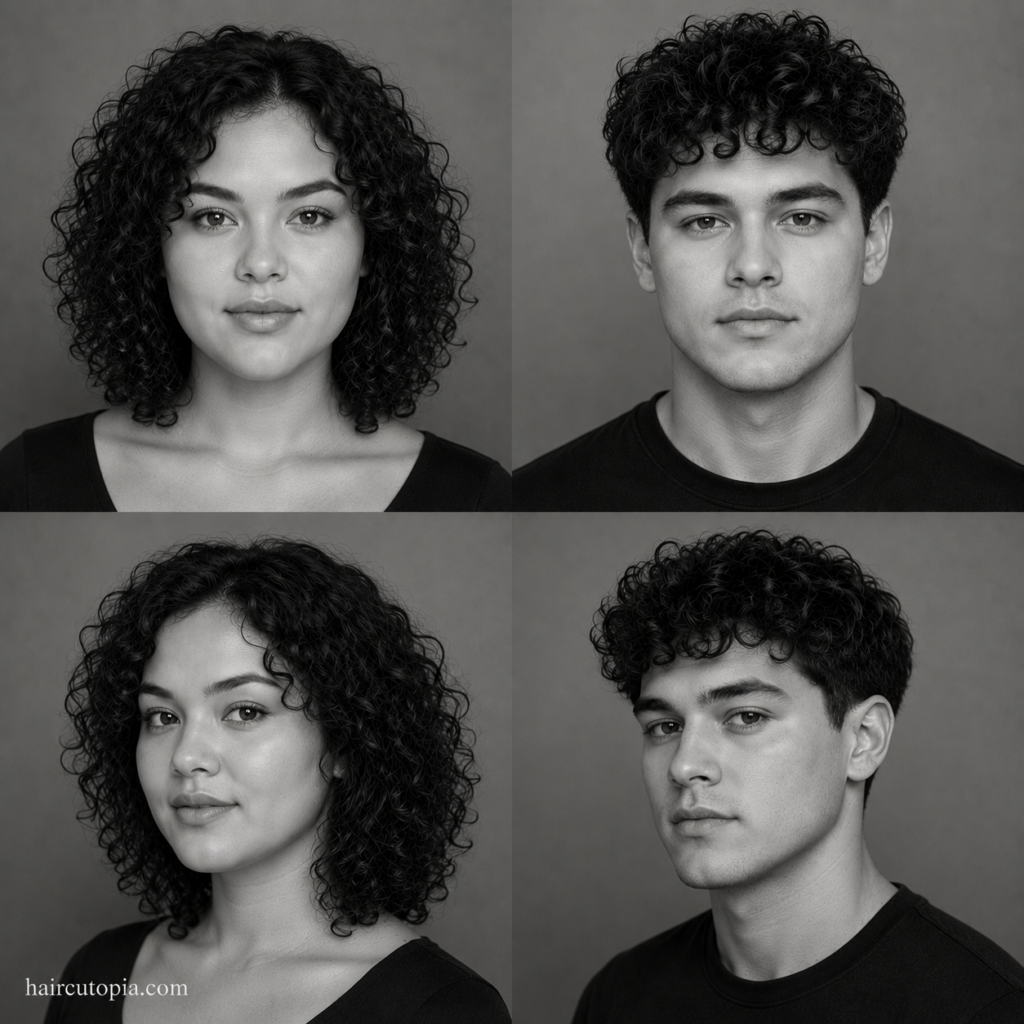 Four-panel editorial collage showing a woman and a man with round face shapes and naturally curly hair from front and three-quarter views.