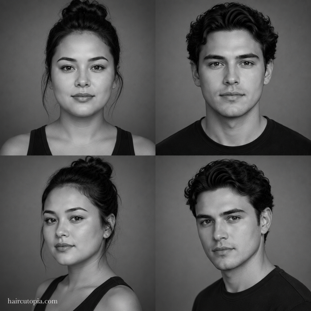 Four-panel editorial collage showing feminine-presenting and masculine-presenting adults with round face shapes from front and three-quarter views.