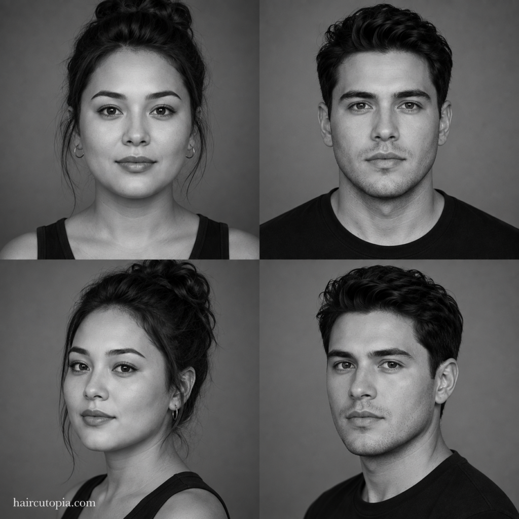 Four-panel editorial collage showing feminine-presenting and masculine-presenting adults with round face shapes from front and three-quarter views.