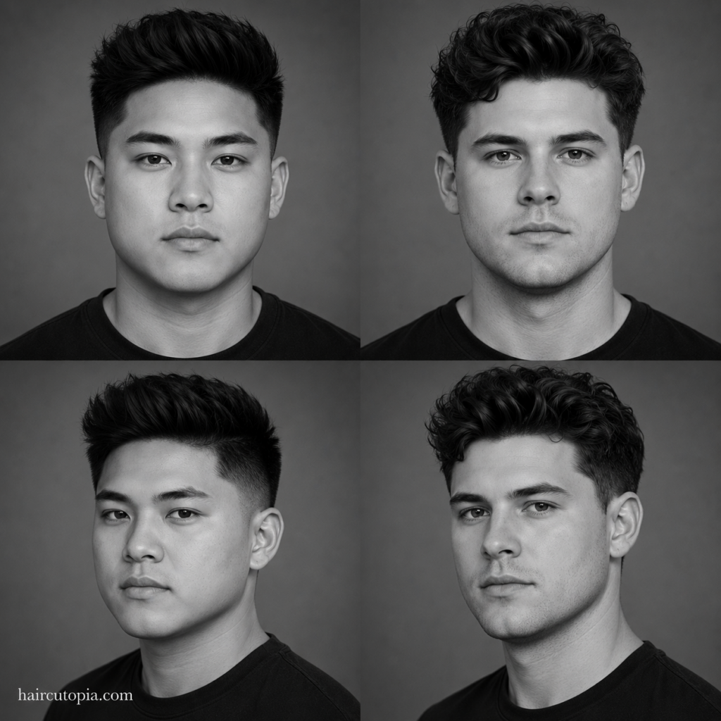 Four-panel editorial collage showing men with round face shapes from front and three-quarter views.
