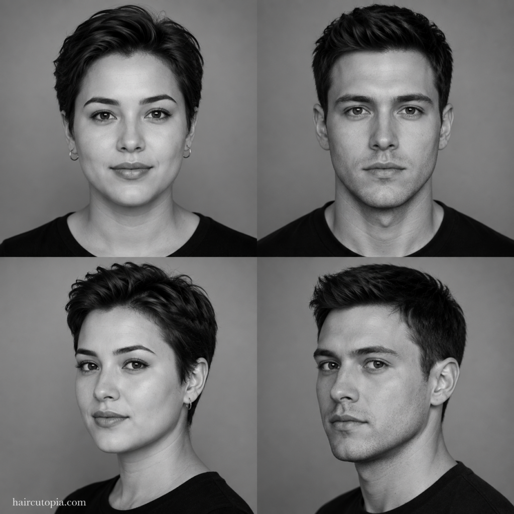 Editorial four-panel collage showing feminine and masculine adults with round face shapes from front and three-quarter views.