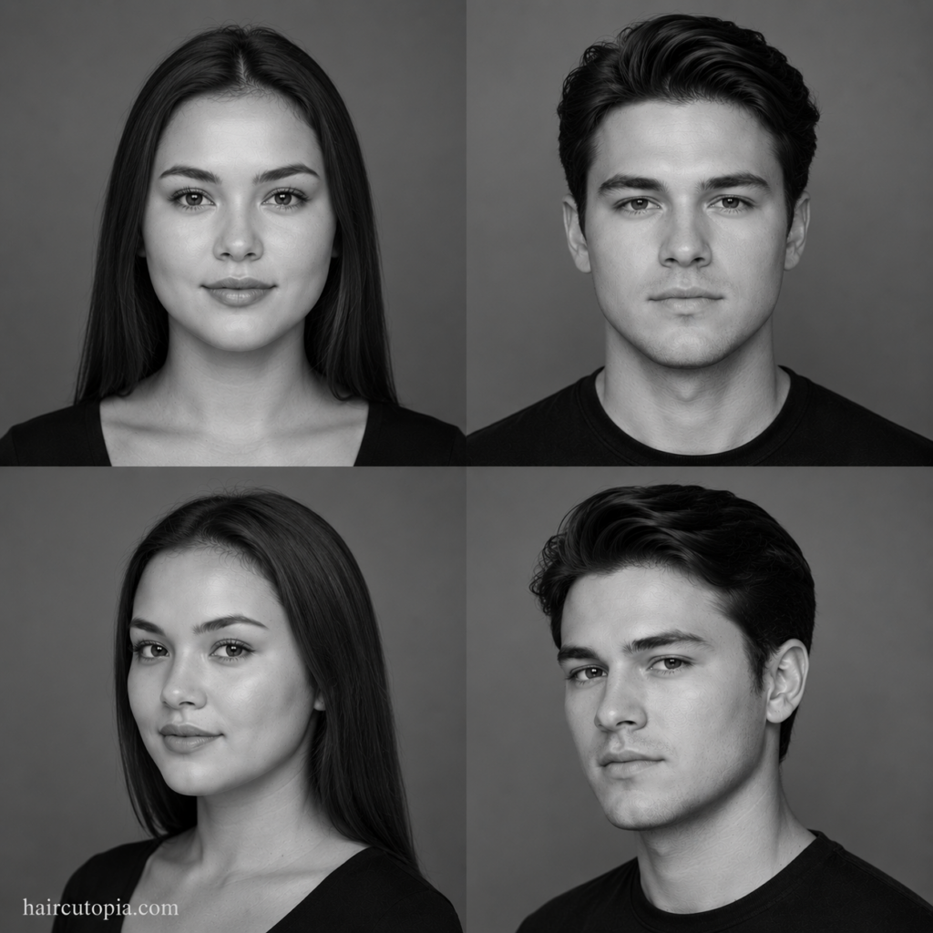 Four-panel editorial collage showing a woman and a man with round face shapes and straight hair from front and three-quarter views.