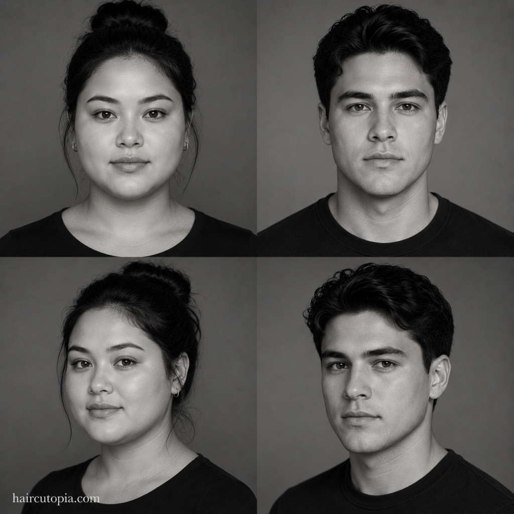 Four-panel editorial collage showing a woman and a man with round face shapes from front and three-quarter views.