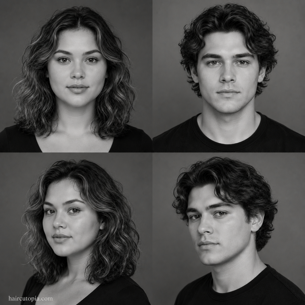 Four-panel editorial collage showing a woman and a man with round face shapes and naturally wavy hair from front and three-quarter views.