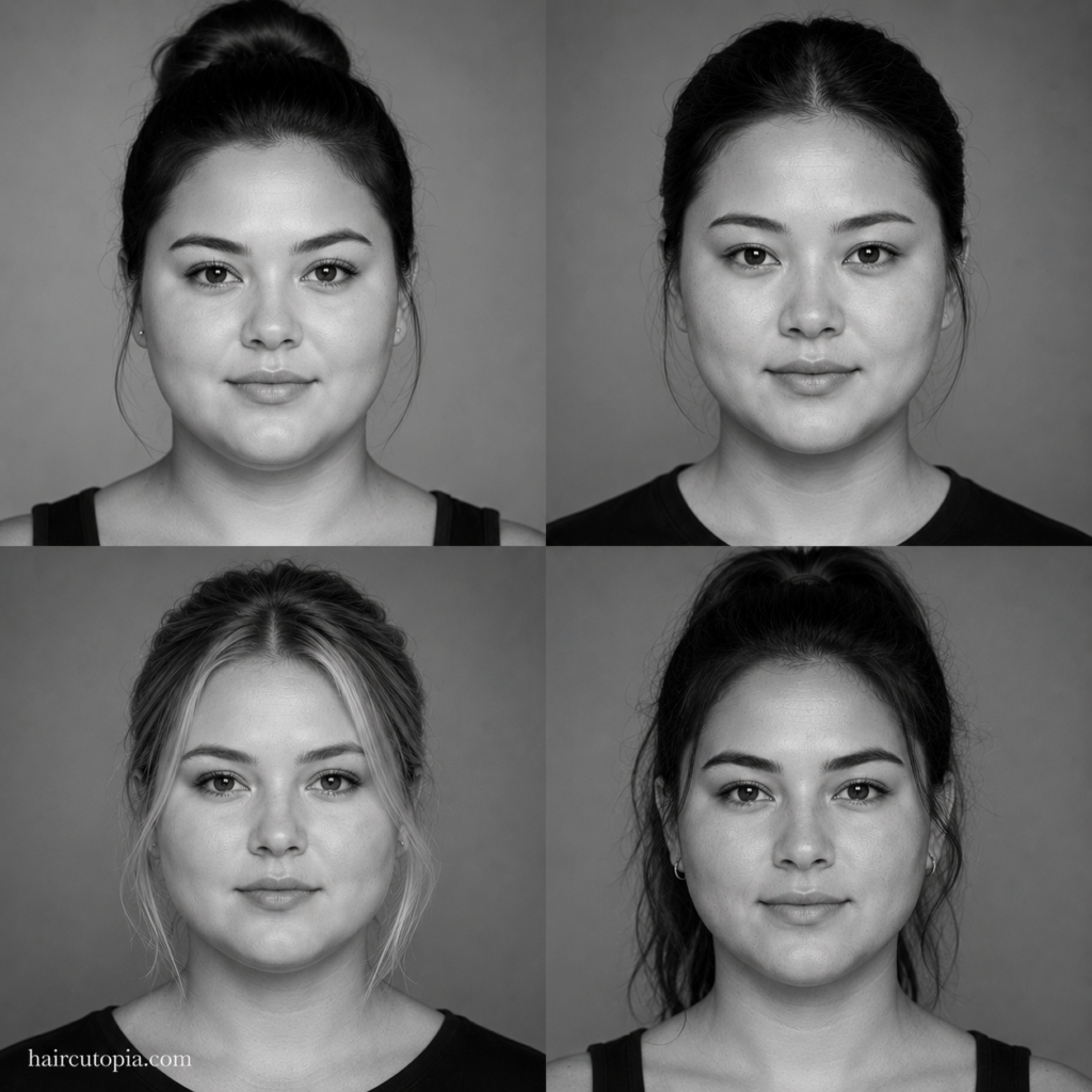 Four-panel editorial collage showing women with round face shapes from front-facing portraits.