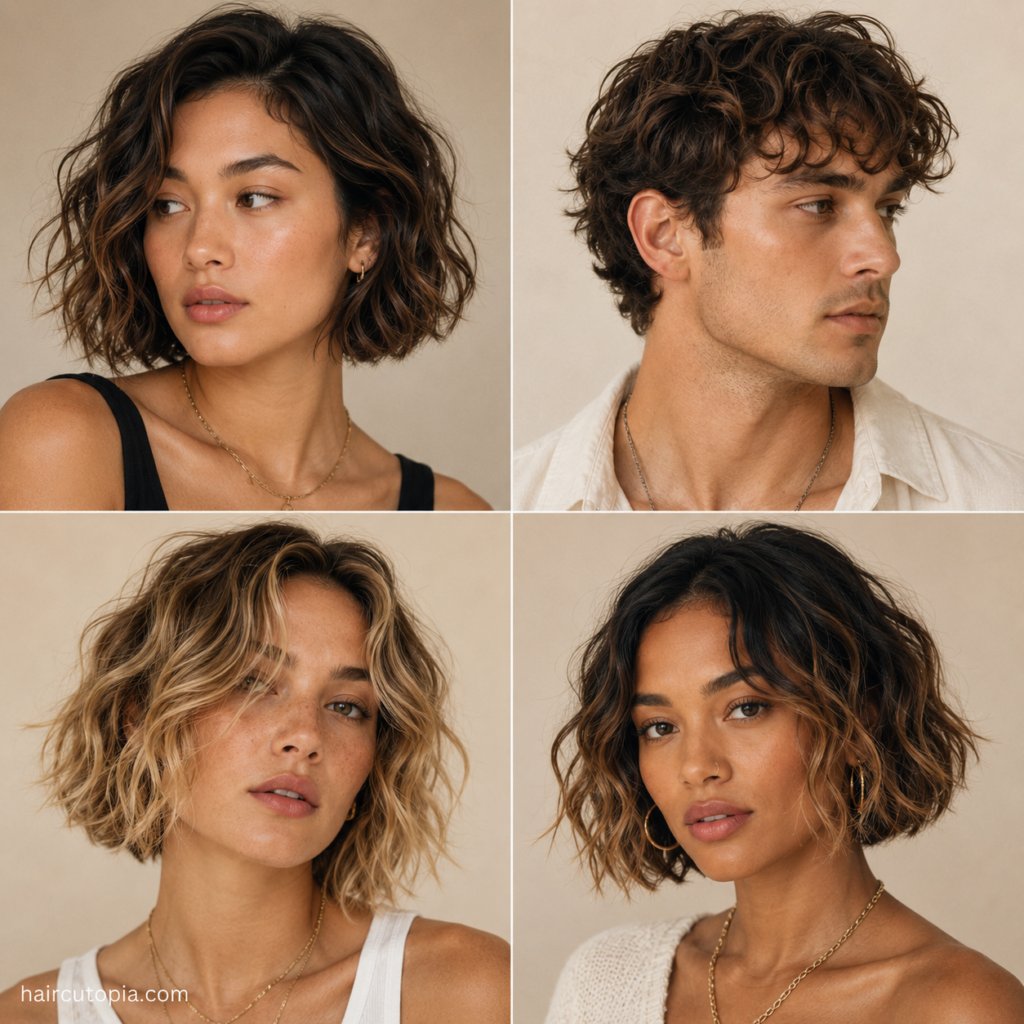 Four short beach waves hairstyle variations featuring tousled bobs, loose waves, and textured short hair on diverse men and women.