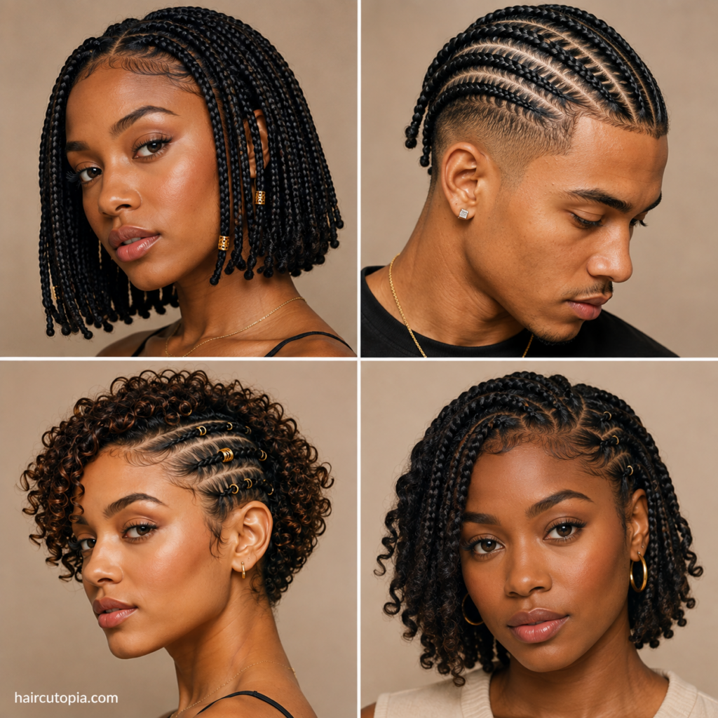 Men and women showcasing short braided hairstyles including box braids, cornrows, curly braids, and short twists