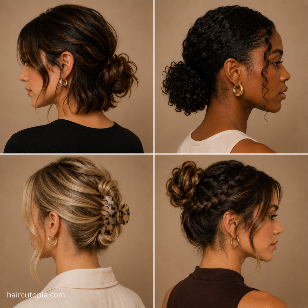 Short bun hairstyles featuring messy, curly, claw clip, and braided bun variations