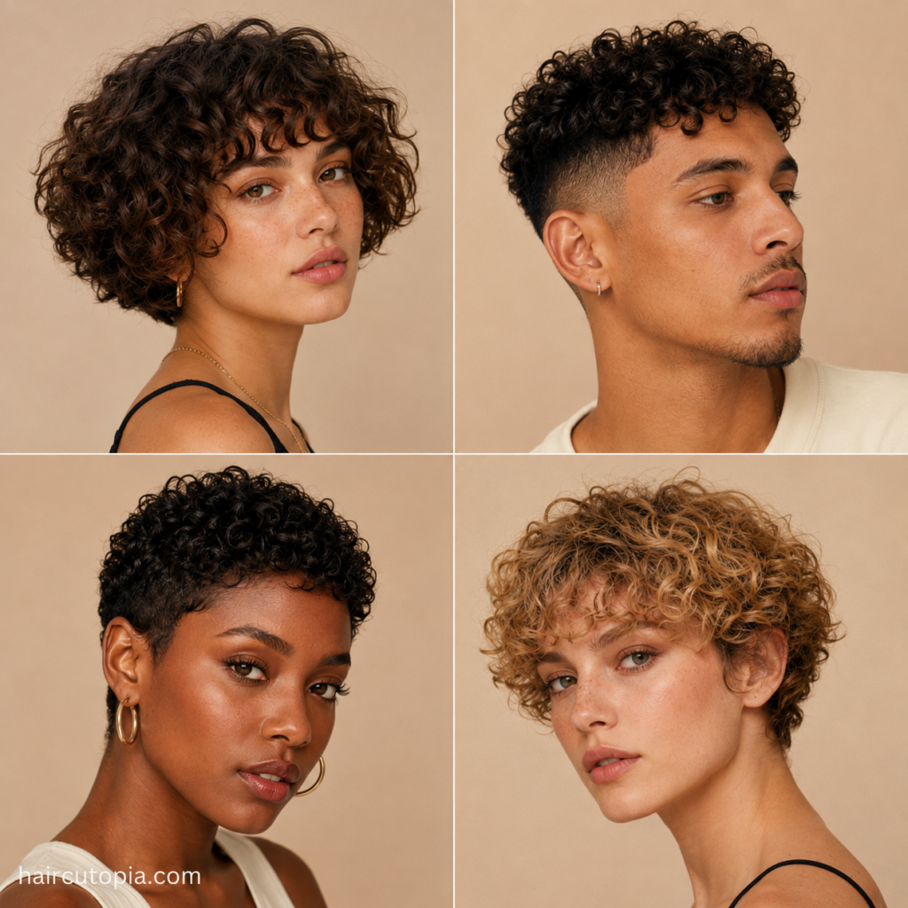 Men and women showcasing short curly hairstyle ideas including a curly bob, fade, pixie, and tousled curls