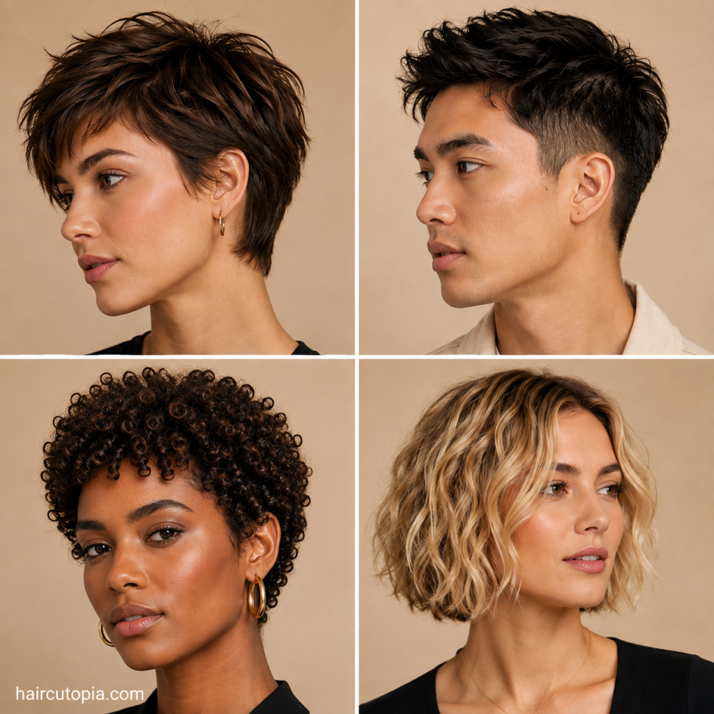 Four short easy hairstyle ideas featuring a textured pixie, short men’s cut, natural curls, and wavy bob